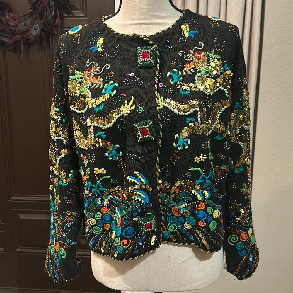 Vintage Michael Simon Year of the Dragon Beaded and Sequined Dragon Sweater.
